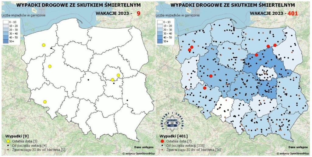 Zdjęcie przedstawia Wakacyjna mapa wypadków ze skutkiem śmiertelnym 2023. Jest gorzej niż w ubiegłym roku