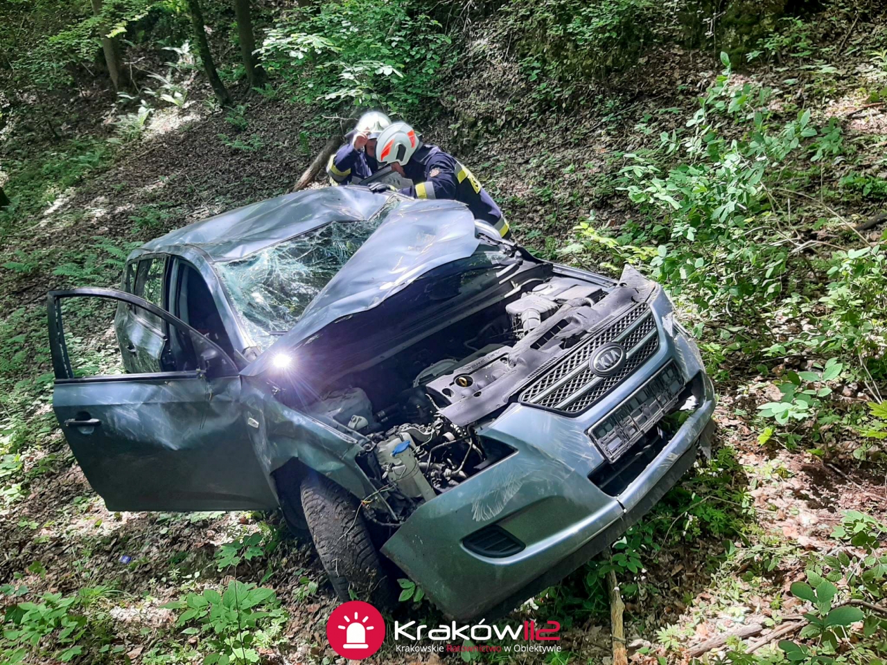 Zdjęcie przedstawia Auto spadło w przepaść. W środku 5-miesięczne dziecko w foteliku