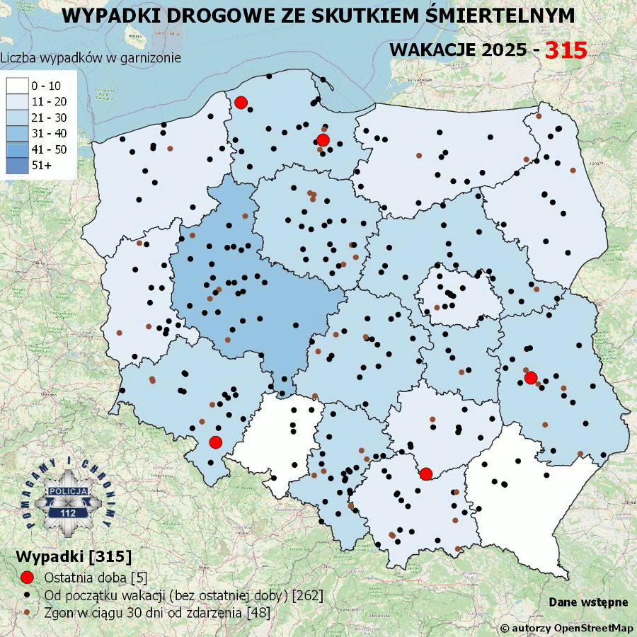 Wakacyjna mapa wypadków drogowych 2025. Tragiczny bilans wakacji na polskich drogach.
