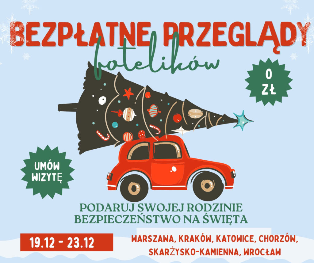 Zdjęcie przedstawia Bezpłatne przeglądy fotelików w fotelik.info.pl. Podaruj swojej rodzinie bezpieczeństwo na święta!